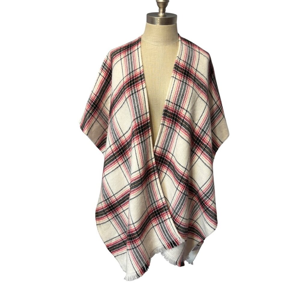 Loft‎ Women's Size M/L Plaid Wrap Soft Poncho With Frayed Hem Red Cream Black